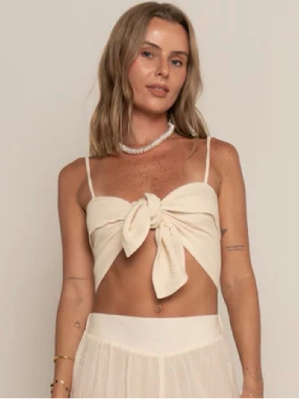 La Bikineria Top Gitana Cream Cotton Tie Front Cropped Cami Small